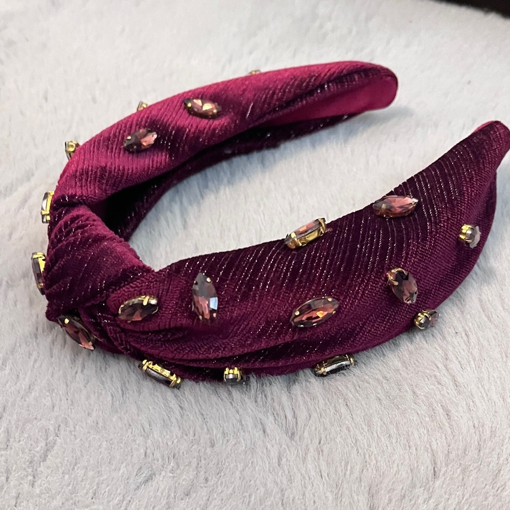 Anthropologie Velvet Jeweled Headband in maroon/Merlot wine - Picture 2 of 5